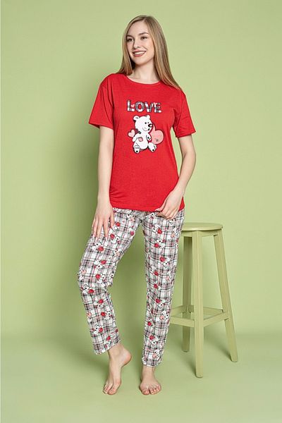 Sude HOMEWEAR Short Sleeve Red Love Teddy Bear Checked Bottom Pajama Set