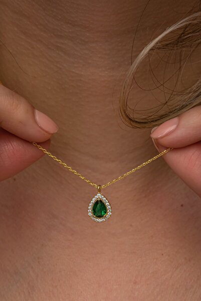 Nereze 925 Ayar Gümüş Gold Kaplama Yeşil Taşlı Damla Kolye