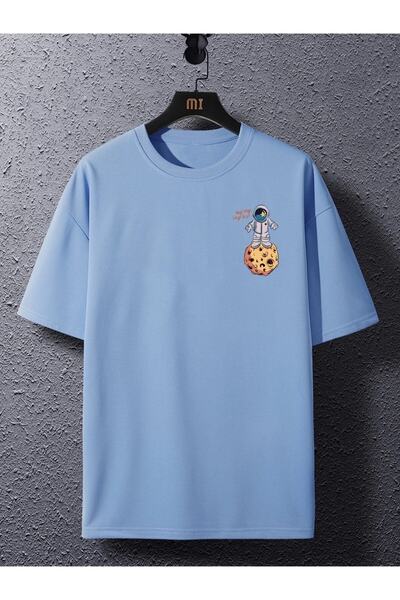 Keywest Plus Size Unisex White The Galaxy Planet Printed Oversize Crew Neck Tshirt