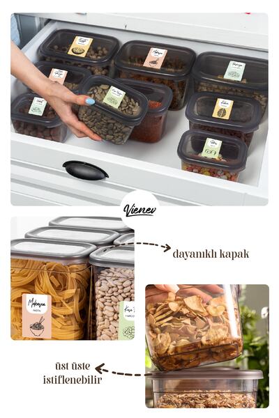 Vienev Renkli Etiketli 6lı Peggy Dikdörtgen Saklama Kabı Seti 1150 Ml Antrasit
