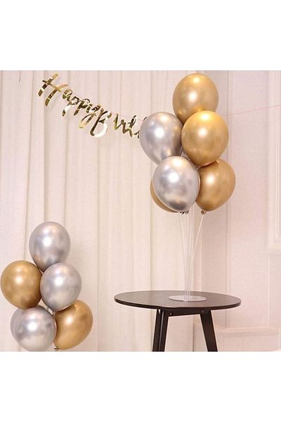 MERİ PARTİ Gold Silver Balloon Stand And Gold Happy Birthday Calligraphic Banner