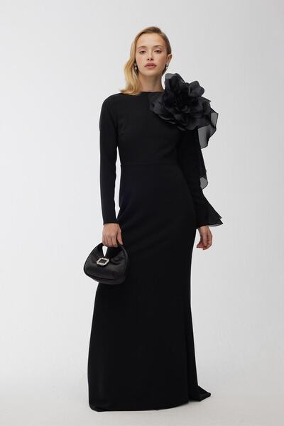 Manuka Βραδινό φόρεμα Organza Detailed - Μαύρο με Καρφίτσα