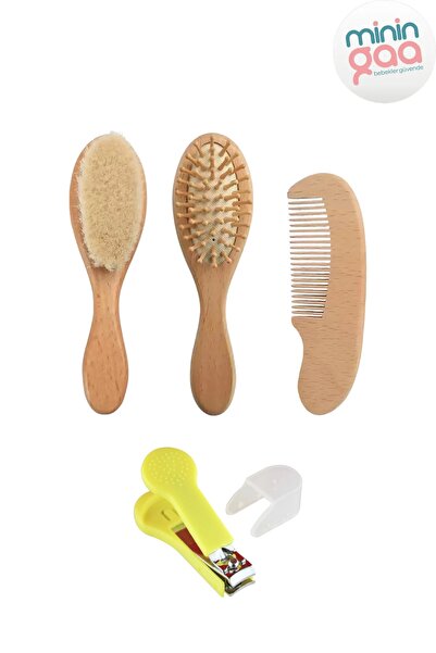 Miningaa 3'lü Set Ahşap Bebek Fırça Ve Masaj Tarak Seti Ve Sarı Renk Tırnak M...