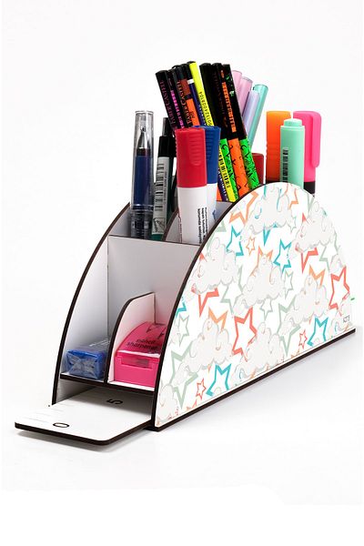 kutuTR Wooden Vip Student Series Rainbow Ruled Desktop Pen Holder Organizer with Assembled Box