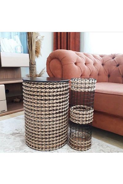 Egindra Set decorativ din 2 piese din răchită - coș, măsuță de cafea și vază Pamp