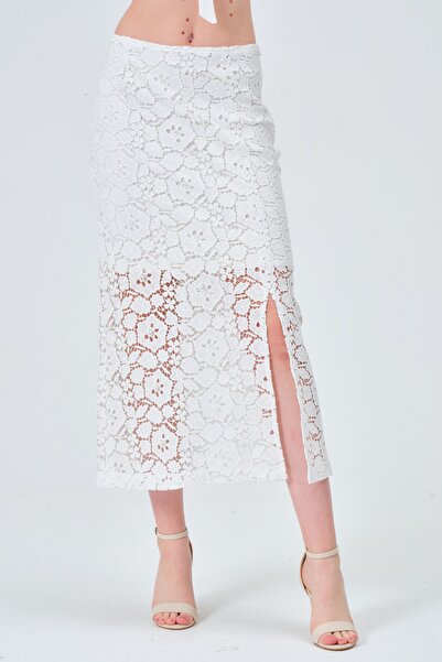 Asena Mila Pamuk Cotton Güpür Dantel Yırtmaçlı Midi Boy Etek