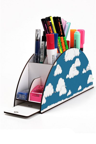 kutuTR Wooden Vip Planet Series Rainbow Ruled Desktop Pen Holder Organizer with Assembled Box