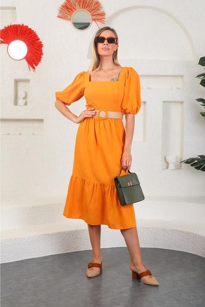asur boutique Rochie pentru femei Asur Boutique de in, cu curea, guler pătrat, slim fit Cumpărați o mărime mai mare