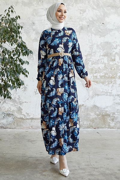 InStyle Nerissa Leaf Pattern Dress - Indigo