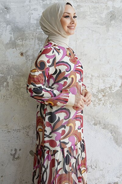 InStyle Arzel Patterned Ruffle Chiffon Dress - Fuchsia