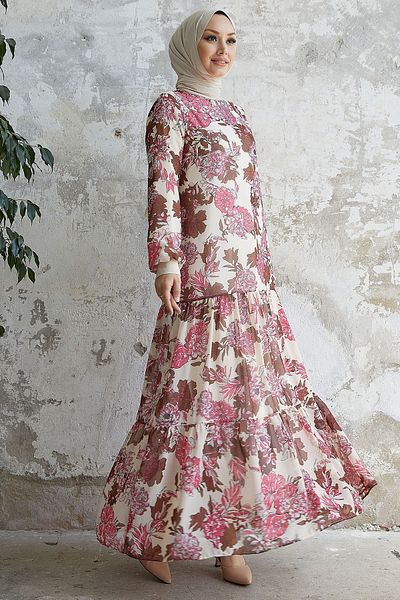 InStyle Revina Chiffonkleid mit Blumenmuster und Rüschen – Ecru