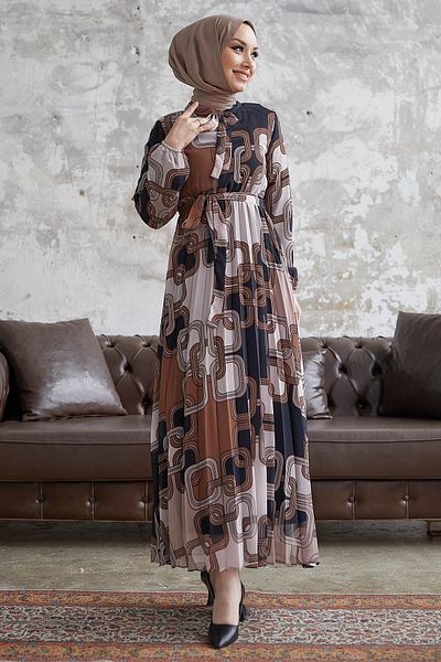 InStyle Danny Pattern Belted Chiffon Dress - Brown