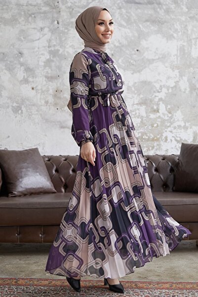 InStyle Danny Pattern Belted Chiffon Dress - Purple
