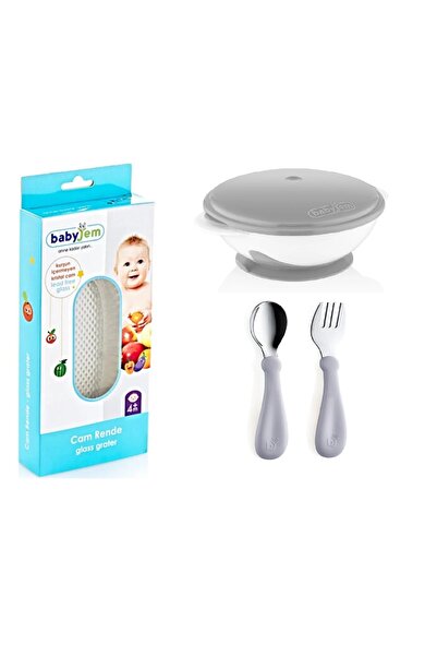 Babyjem Cam Rende + Vakumlu Mama Tabağı Gri + Paslanmaz Çelik Çatal Kaşık Set...
