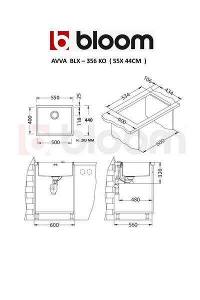 Bloom Avva 1 Gözlü 40 x 50 cm Paslanmaz Çelik Evye 1 mm Kalınlık Düz İnox