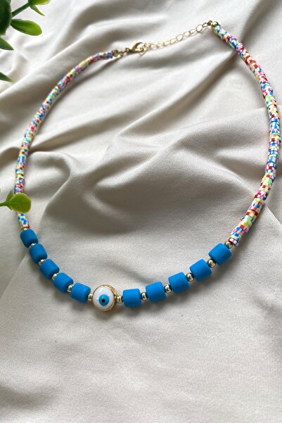 Tahtakaledeyim عقد نسائي مختلط من فيمو واللينو الأزرق مزين بالخرز مع تفاصيل ع...