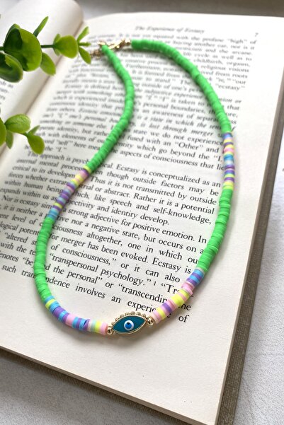 Tahtakaledeyim Women's Green Mixed Fimo Beaded Eye Detailed Necklace