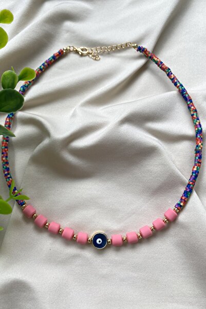 Tahtakaledeyim قلادة نسائية باللون الوردي المختلط من فيمو ولينو مطرزة بتفاصيل...