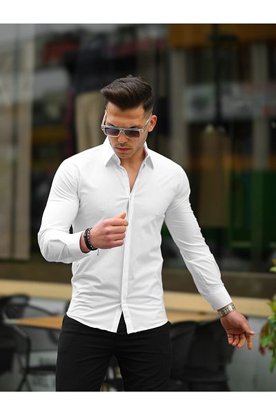 BASEL.CO Cămașă clasică din satin de bumbac, ocazională, slim fit, cu plăcuță ascunsă