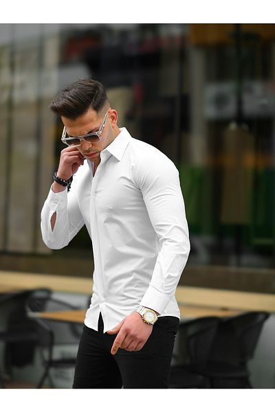 BASEL.CO Cămașă clasică din satin de bumbac, ocazională, slim fit, cu plăcuță ascunsă