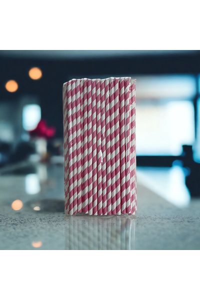 Krm Ambalaj 6*20 cm Pink and White Striped Paper Straws, 25 Pieces