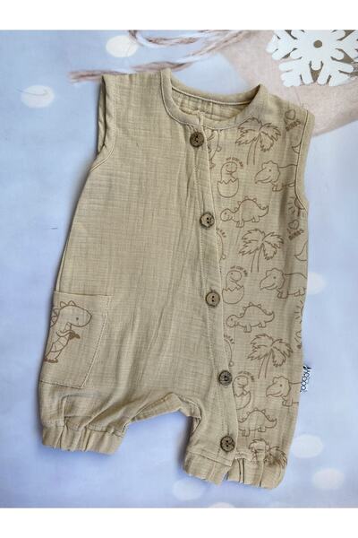 Mini Kids Baby Erkek Bebek Bej Müslin Dinazor Baskılı Ahşap Düğmeli Tulum