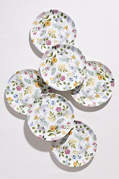 ŞURA MUTFAK 6'lı Pasta Tabağı Flowers Desen Dijital Baskı 20cm Yuvarlak Pasta Tabak Seti
