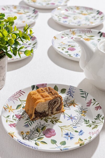 ŞURA MUTFAK 6'lı Pasta Tabağı Flowers Desen Dijital Baskı 20cm Yuvarlak Pasta Tabak Seti