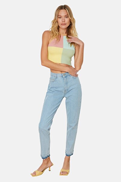 Trendyol Collection Żółta bluzka z dzianiny Crop Color Blocked Knitwear, cienka bluzka Twoss22Bz0402