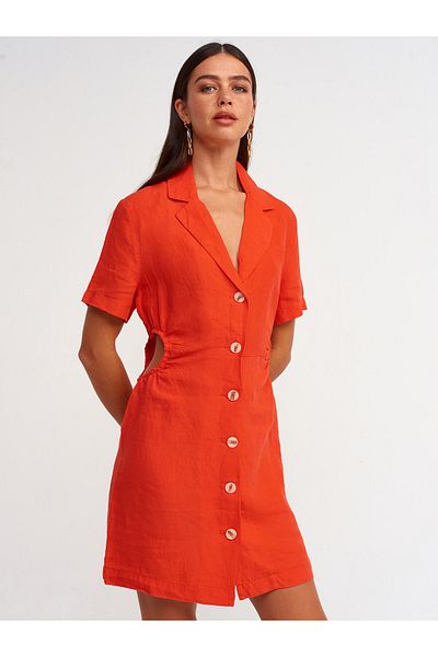 Dilvin 90372 Window Detailed Linen Dress-red