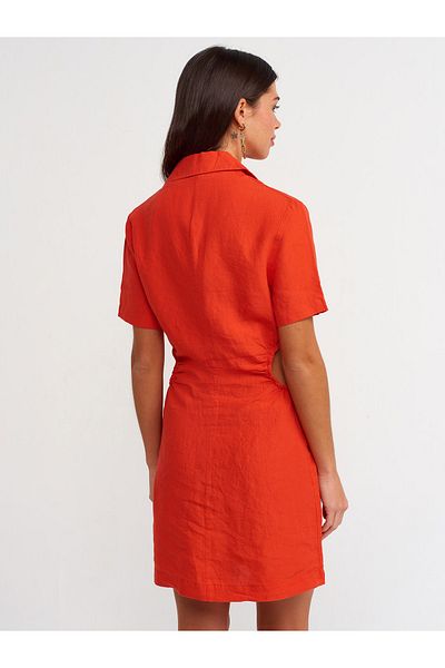 Dilvin 90372 Window Detailed Linen Dress-red