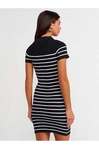 Dilvin 90146 Tricot rochie cu mânecă scurtă în dungi cu gât polo-negru-ecru