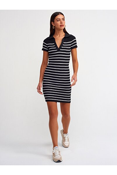 Dilvin 90146 Polo Yaka Çizgili Kısa Kol Triko Elbise-siyah-ekru