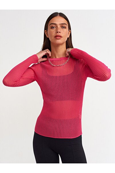 Dilvin Fuşya Bisiklet Yaka Transparan Kadın Kazak 10355