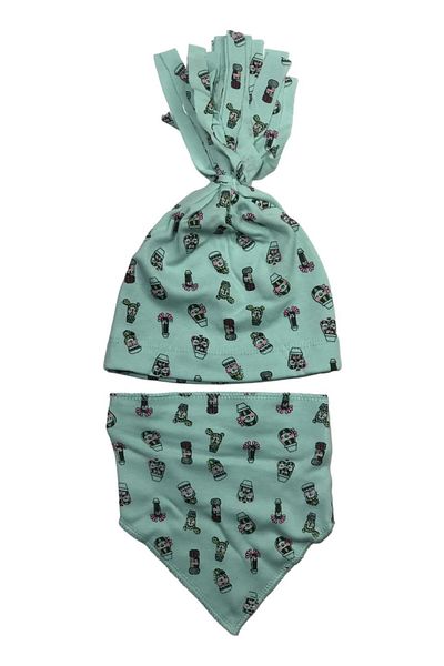 Albimama Cactus Printed Flexible Cotton Combed Baby Beanie and Scarf Set of 2