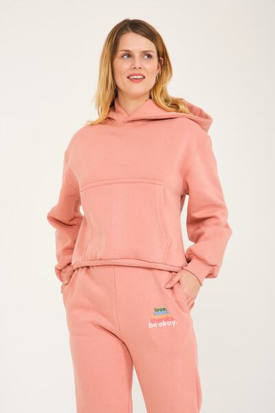 C&C OKULCUNUZ Love Smıle Breath Thanks Be Okay Σετ φόρμας με στάμπα με κουκούλα