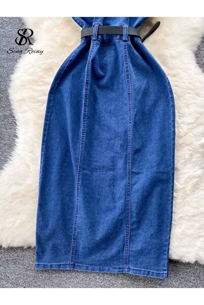 merlavin Rochie de damă din denim cu guler decoltat la spate