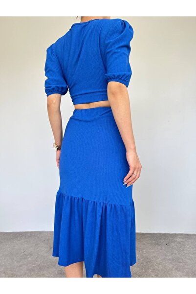 dükkan10butika Women's Summer Blouse and Skirt Top and Bottom Set Saks Blue