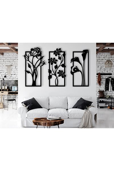 LandiWork Çiçek Ve Bitki Desenli 3 Parçalı Ahşap Tablo