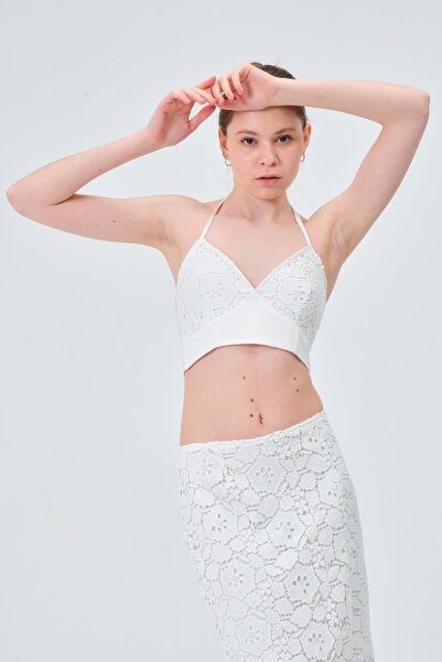 Asena Mila Dantel Güpür Detaylı Terletmez Double Krep Boyun Bağcıklı(incili) ...