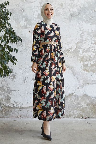 InStyle Φόρεμα Nerissa Leaf Pattern - Μαύρο