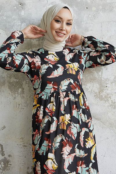 InStyle Φόρεμα Nerissa Leaf Pattern - Μαύρο