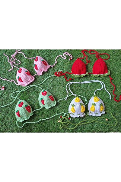 SOUL BY A&B El Örgüsü 4 Bikini Pembe Yesil Cilekli Kirmizi Karpuzlu Beyaz Sari Ananasli Genc Kiz Bikini Crop