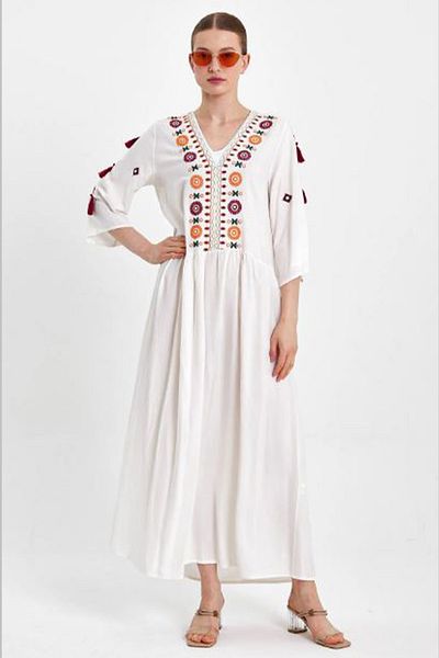 AYASOFYA OTANTIK Women's White Ethnic Authentic Embroidery Embroidered Sleeves Tassel Dress