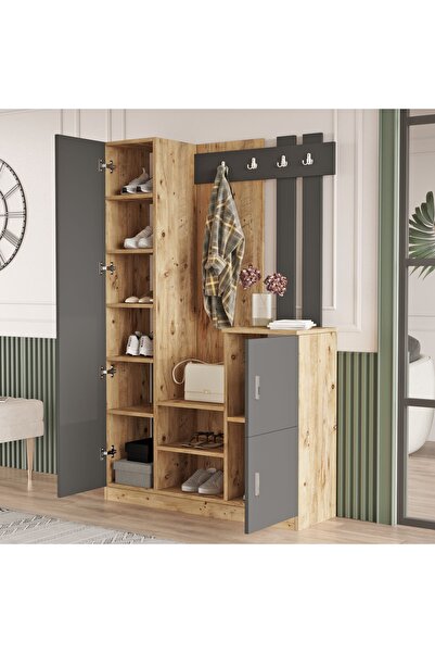 L'occi Concept Hannover Aynalı Askılı Kapaklı Vestiyer Portmanto Ayakkabılık Çam-gri