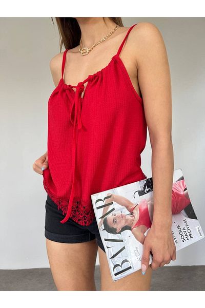 AL&SU BUTİK Women's Lace Gathered Collar Short Blouse Crop