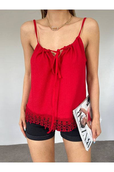 AL&SU BUTİK Women's Lace Gathered Collar Short Blouse Crop