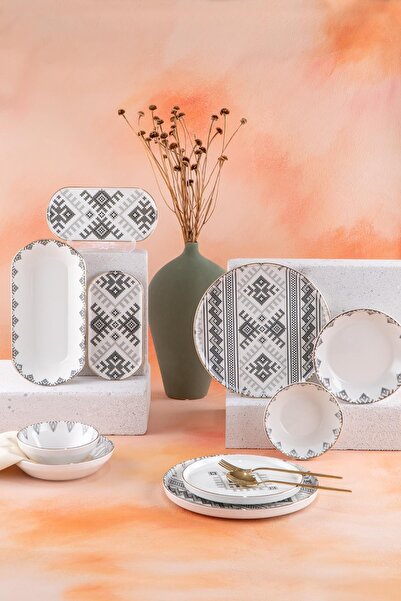 ACAR Ethnic 6 Kişilik 27 Parça Gri Motif Desenli Gold Yaldız Yemek Takımı 05126