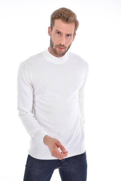 Çizgi Triko Чоловічий напіврибальський ангорський кролячий вовняний білий светр, стандартний крій