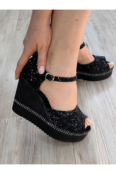 Ayakkabı Tutkusu Stilo ® Pantofi rochii de seara negri Toc panat Pantofi negri deschisi Sandale cu toc pane Pantofi negri comozi Nou